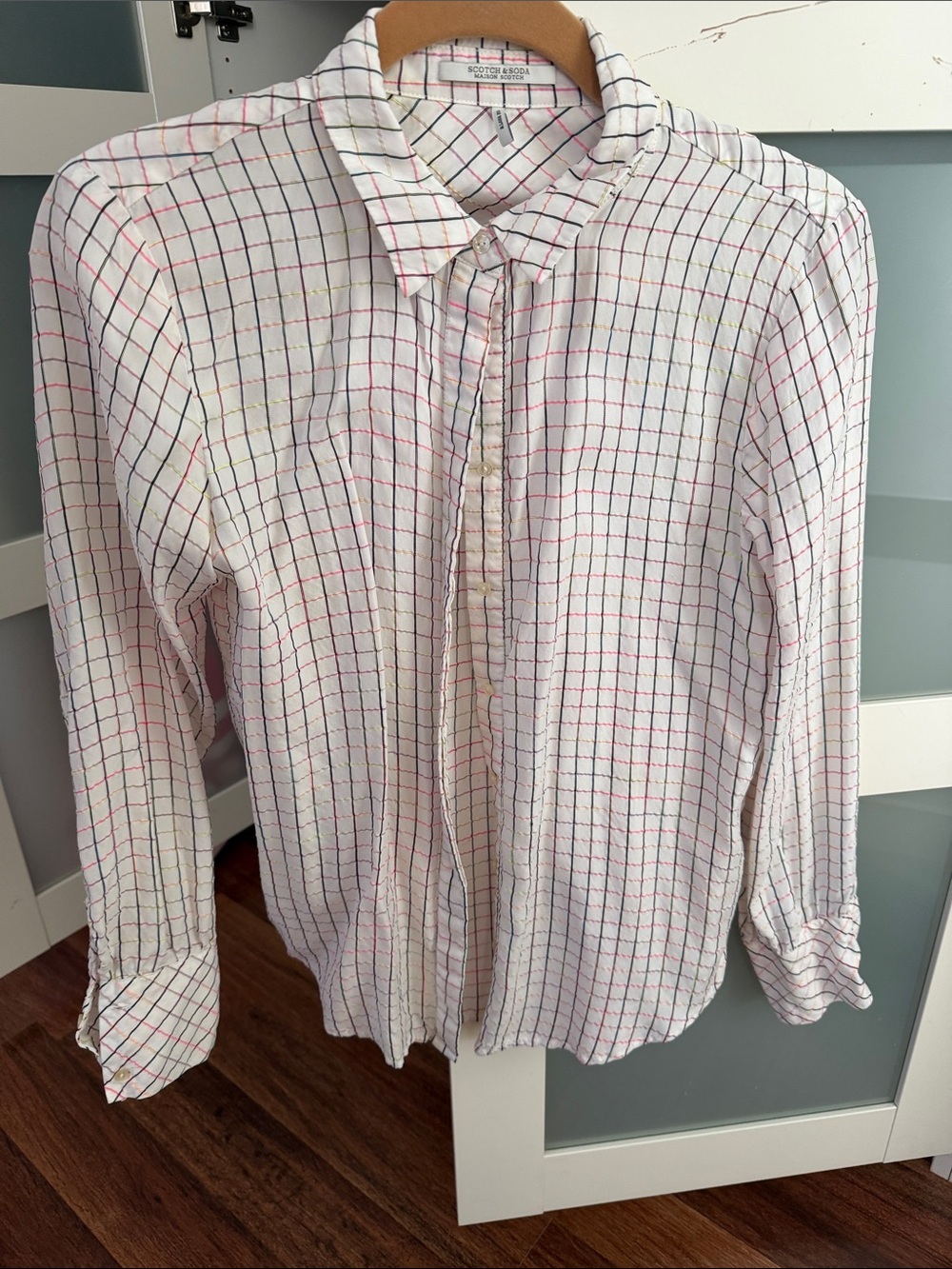 Scotch & Soda White Button-Up Shirt with Red and Blue Grid